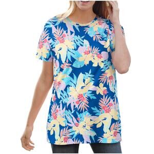 Woman Within Tropical Floral Tee Womens Size 2X Blue Multicolor Cotton Bold Top